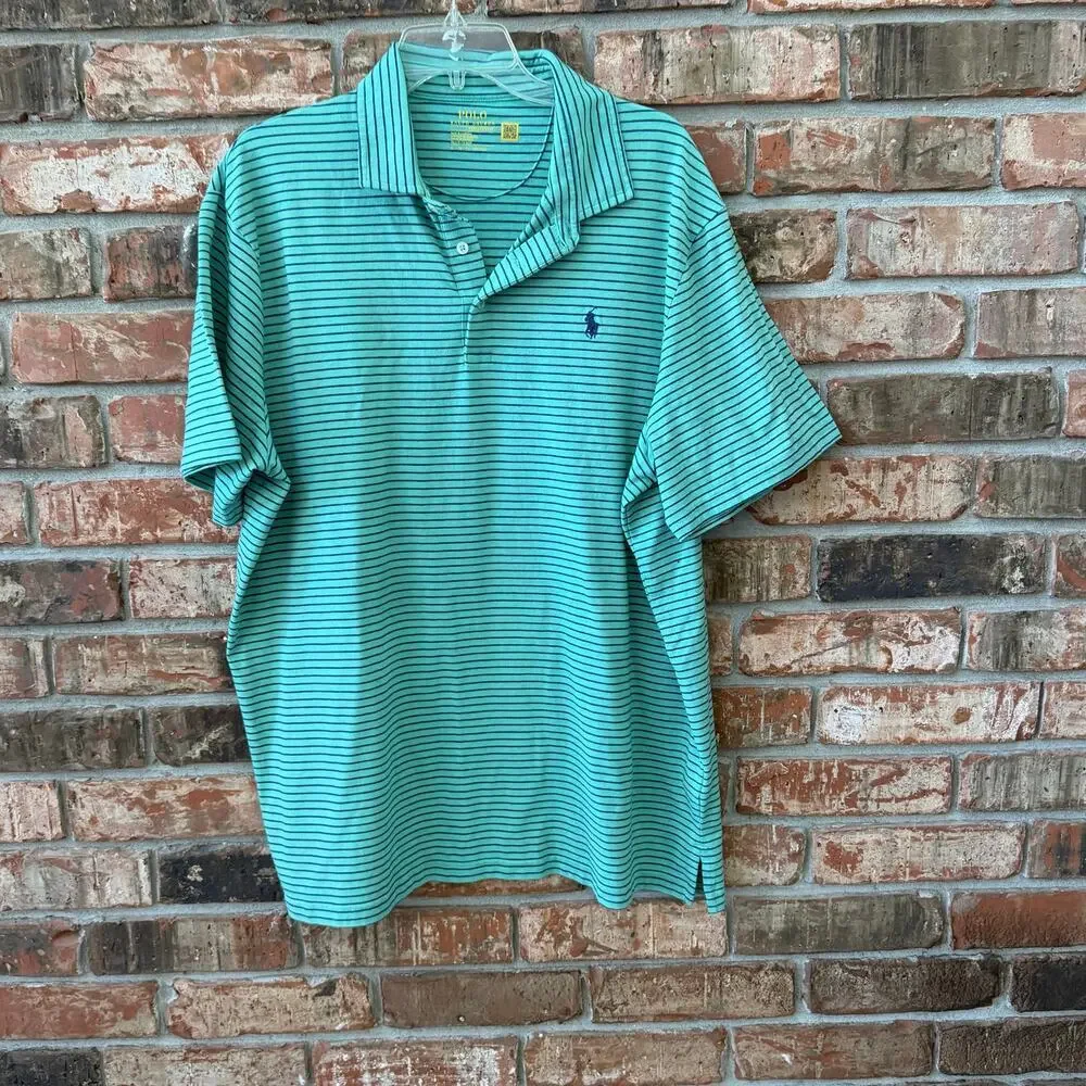 Polo Ralph Lauren Performance Polo Shirt Green Blue Stripe Size XL Preppy Casual